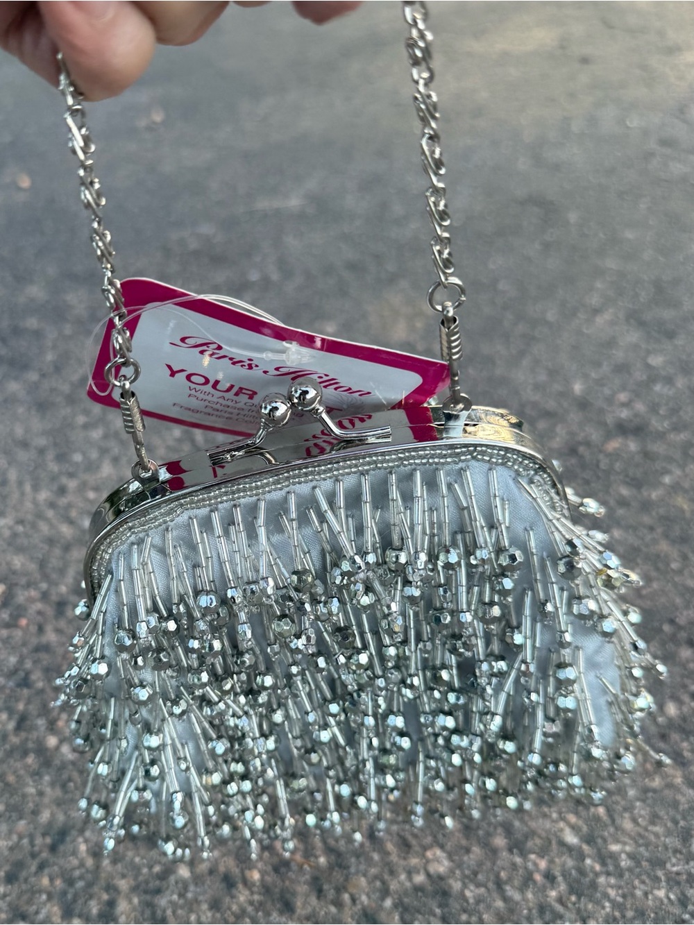 Paris Hilton Silver Satin Evening Bag with Beading and Hot Pink Satin Lining NWT